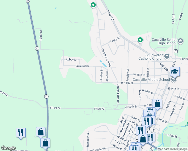 map of restaurants, bars, coffee shops, grocery stores, and more near 1402 Maple Ridge Road in Cassville