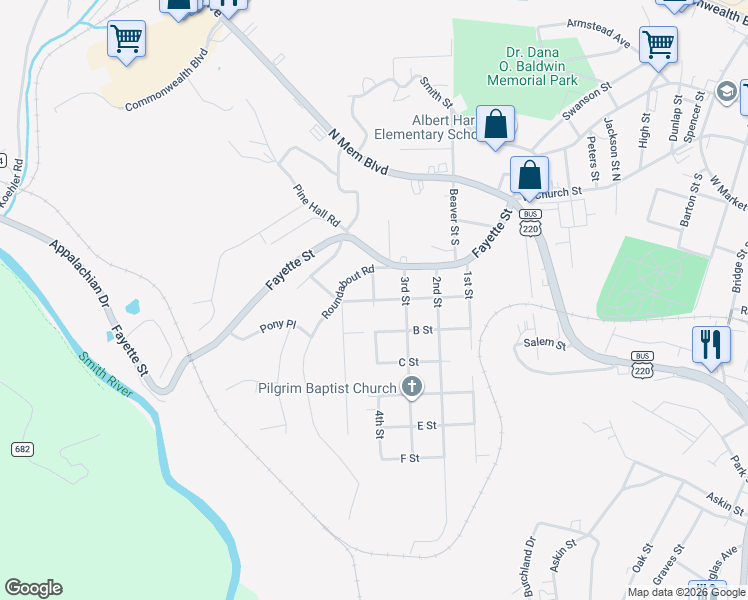 map of restaurants, bars, coffee shops, grocery stores, and more near 299 4th Street in Martinsville