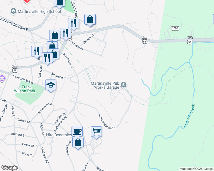 map of restaurants, bars, coffee shops, grocery stores, and more near 950 Fishel Street in Martinsville