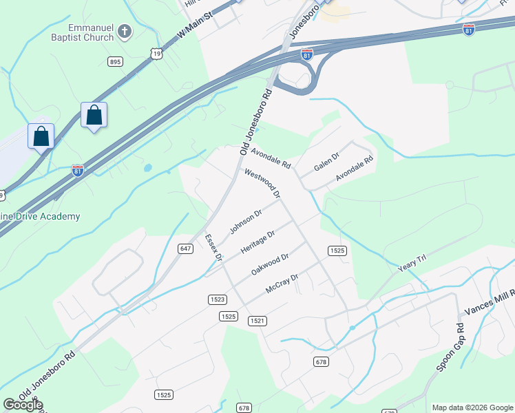 map of restaurants, bars, coffee shops, grocery stores, and more near 19488 Johnson Drive in Abingdon