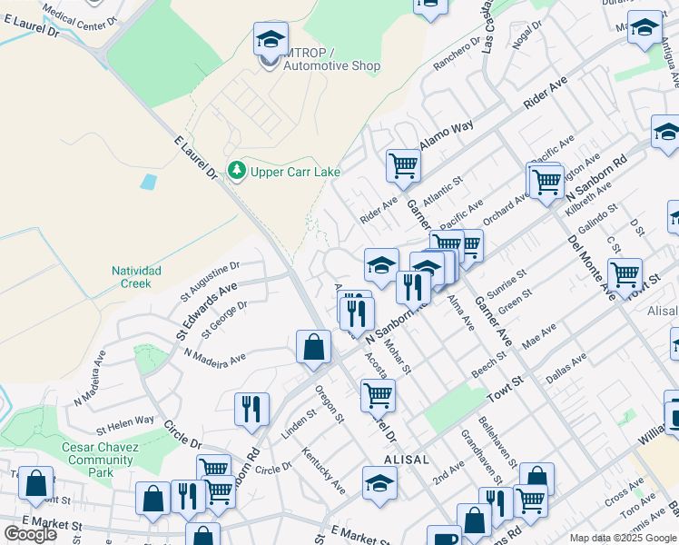 map of restaurants, bars, coffee shops, grocery stores, and more near 915 Acosta Plaza in Salinas