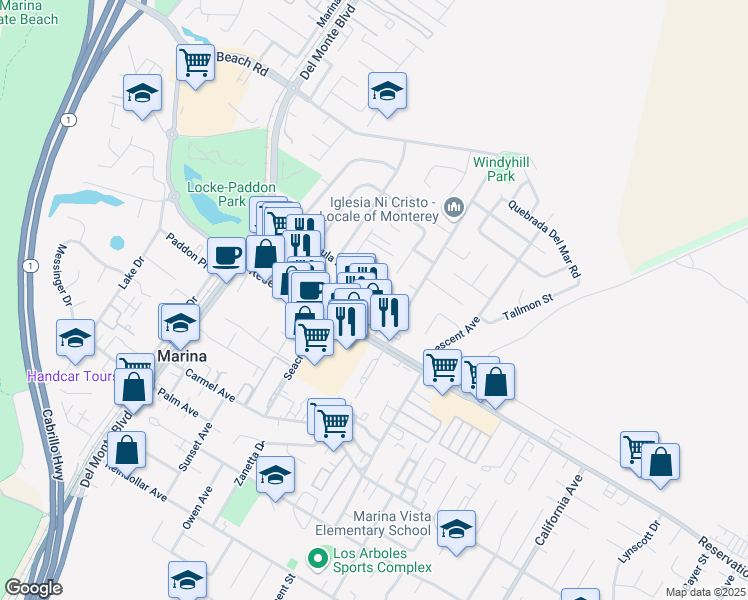 map of restaurants, bars, coffee shops, grocery stores, and more near 267 Viking Lane in Marina