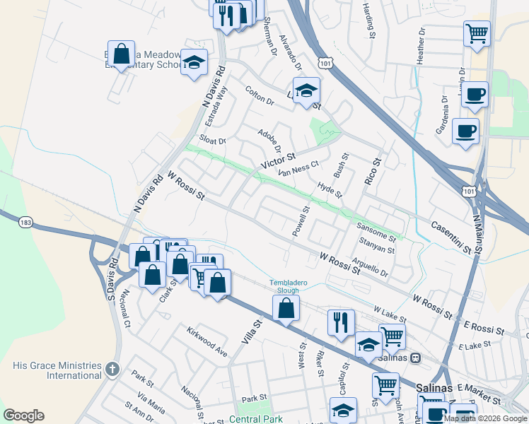 map of restaurants, bars, coffee shops, grocery stores, and more near 431 Fulton Way in Salinas