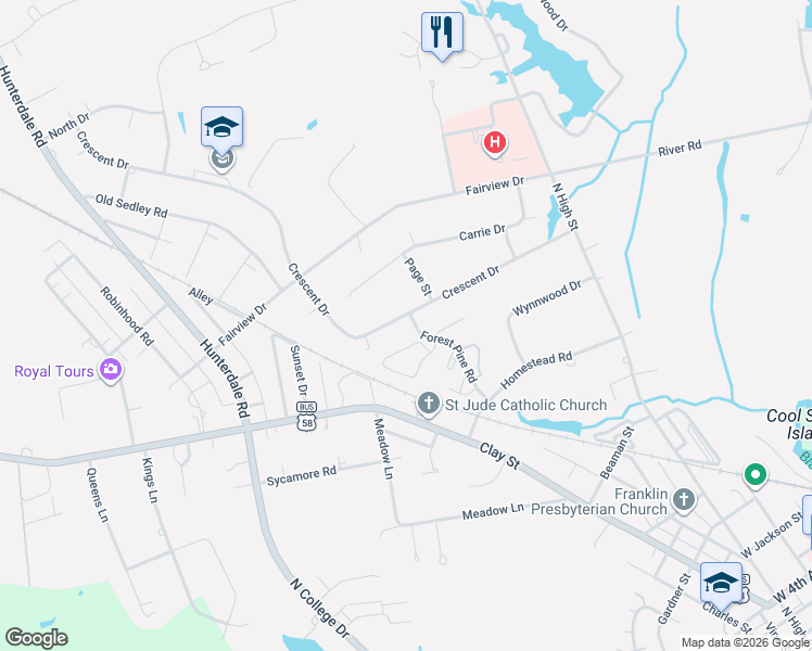 map of restaurants, bars, coffee shops, grocery stores, and more near 101 Crescent Drive in Franklin