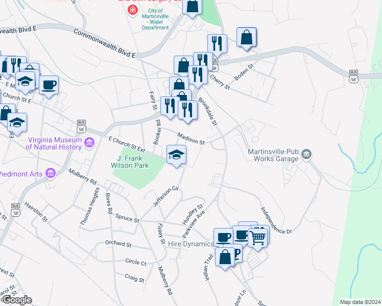 map of restaurants, bars, coffee shops, grocery stores, and more near 1807 East Church Street Extension in Martinsville