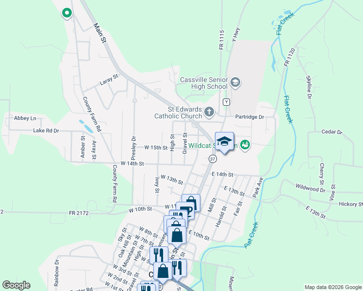 map of restaurants, bars, coffee shops, grocery stores, and more near 202 16th in Cassville