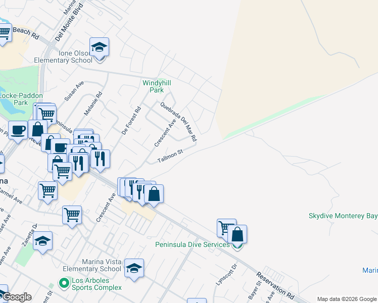 map of restaurants, bars, coffee shops, grocery stores, and more near 3218 Tallmon Street in Marina