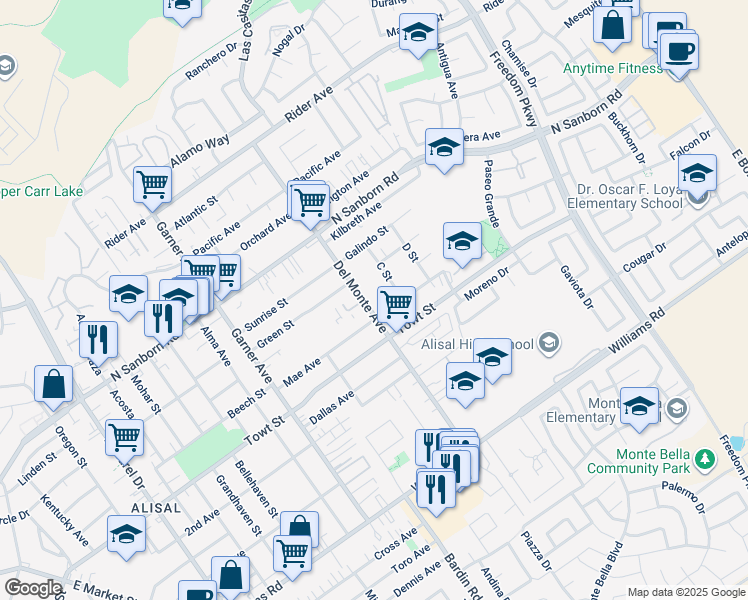 map of restaurants, bars, coffee shops, grocery stores, and more near 1123 Del Monte Avenue in Salinas