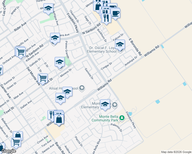 map of restaurants, bars, coffee shops, grocery stores, and more near 1434 Tecopa Way in Salinas