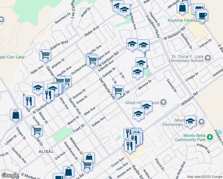 map of restaurants, bars, coffee shops, grocery stores, and more near 1123 Del Monte Avenue in Salinas