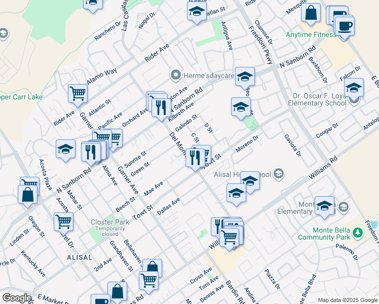 map of restaurants, bars, coffee shops, grocery stores, and more near 1060-1198 C Street in Salinas