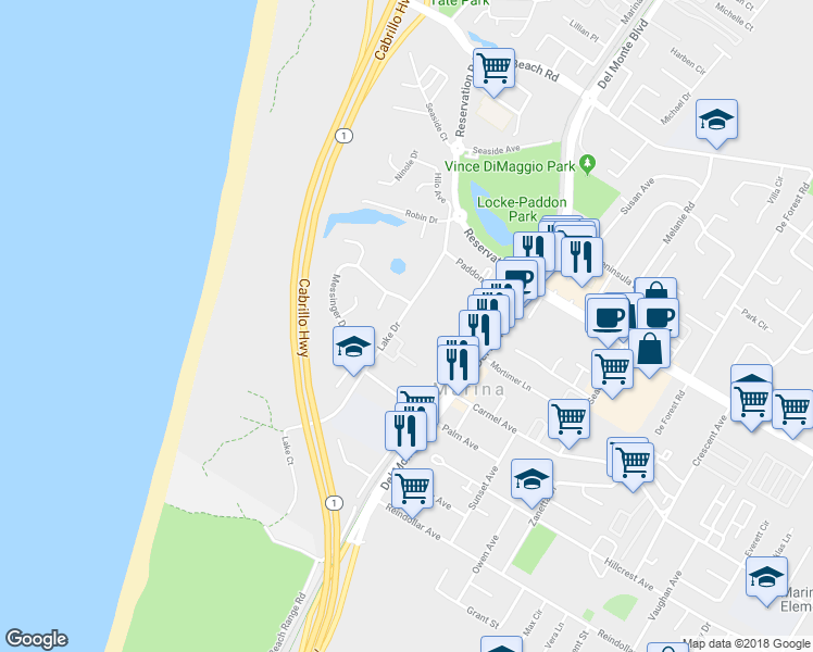 map of restaurants, bars, coffee shops, grocery stores, and more near 3116 Lake Drive in Marina