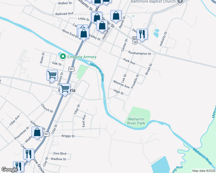 map of restaurants, bars, coffee shops, grocery stores, and more near 135 Center Street in Emporia