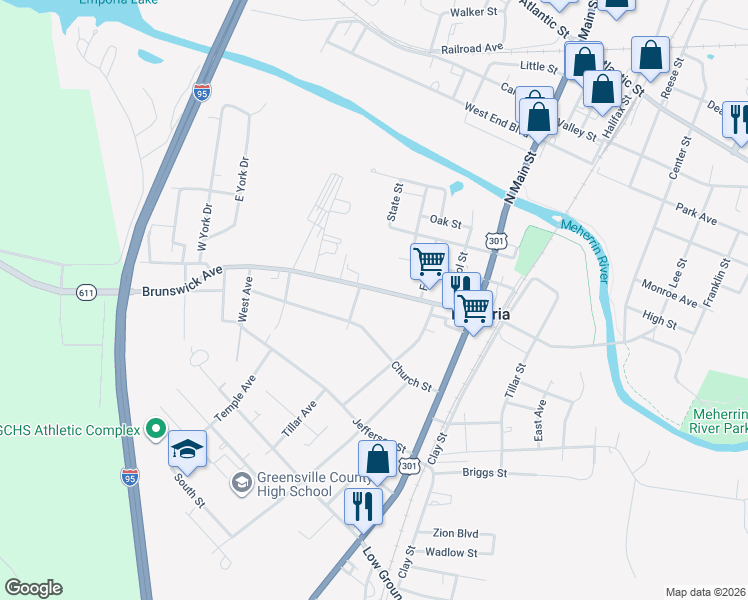 map of restaurants, bars, coffee shops, grocery stores, and more near 328 Brunswick Avenue in Emporia