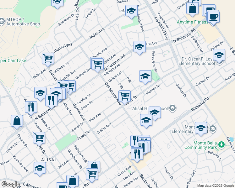 map of restaurants, bars, coffee shops, grocery stores, and more near 1123 Del Monte Avenue in Salinas