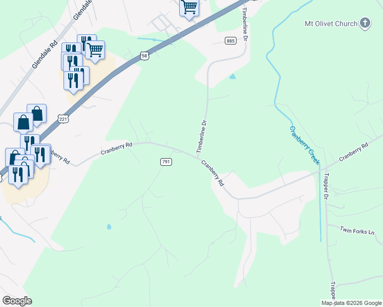 map of restaurants, bars, coffee shops, grocery stores, and more near Timberline Road in Galax