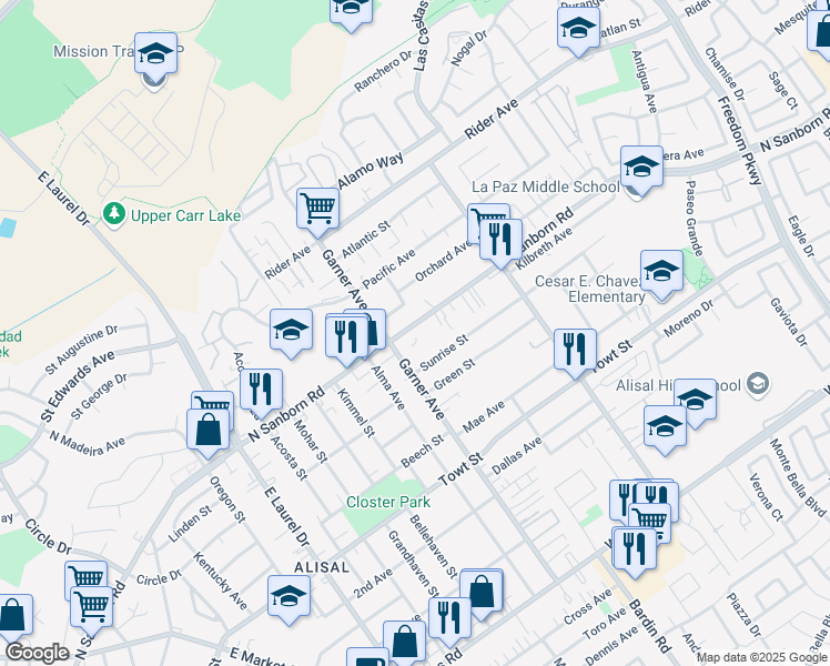 map of restaurants, bars, coffee shops, grocery stores, and more near 1025 North Sanborn Road in Salinas