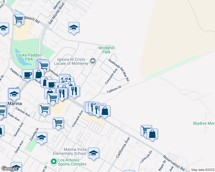 map of restaurants, bars, coffee shops, grocery stores, and more near 3202 Crescent Avenue in Marina