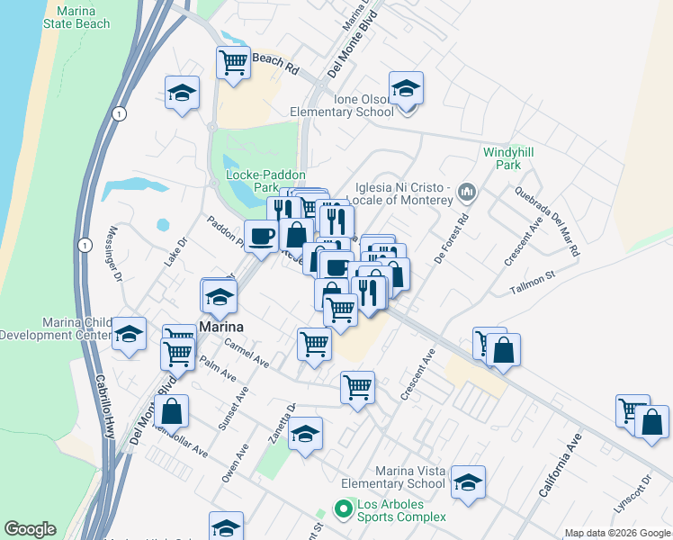 map of restaurants, bars, coffee shops, grocery stores, and more near 3158 Eucalyptus Street in Marina