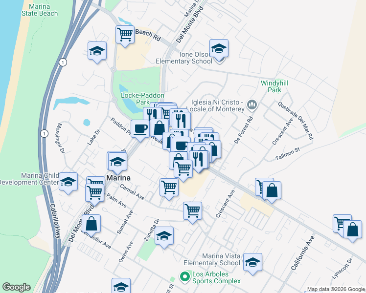map of restaurants, bars, coffee shops, grocery stores, and more near 3158 Eucalyptus Street in Marina