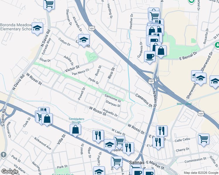 map of restaurants, bars, coffee shops, grocery stores, and more near 404 Rico Street in Salinas