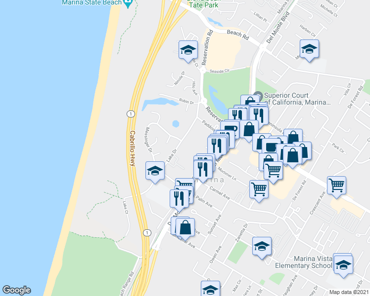 map of restaurants, bars, coffee shops, grocery stores, and more near 3116 Lake Drive in Marina