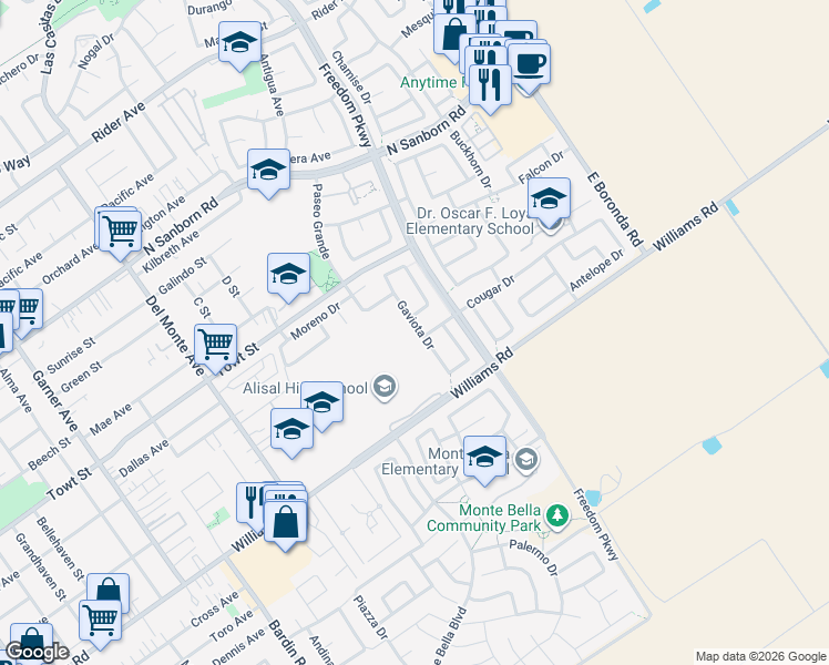 map of restaurants, bars, coffee shops, grocery stores, and more near 1359 Torona Way in Salinas