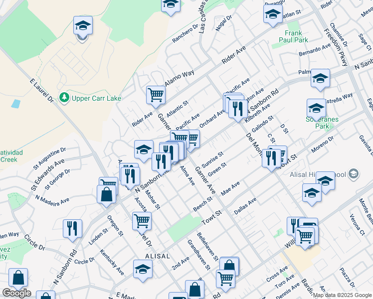 map of restaurants, bars, coffee shops, grocery stores, and more near 1009 Sieber Street in Salinas