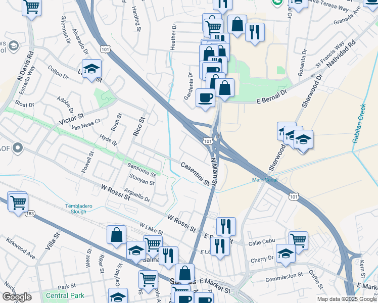 map of restaurants, bars, coffee shops, grocery stores, and more near 130 Casentini Street in Salinas