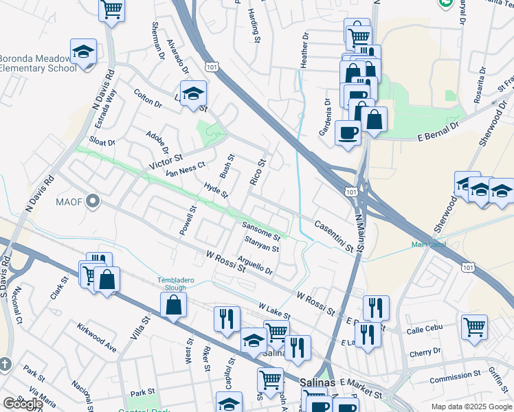 map of restaurants, bars, coffee shops, grocery stores, and more near 350 Casentini Street in Salinas