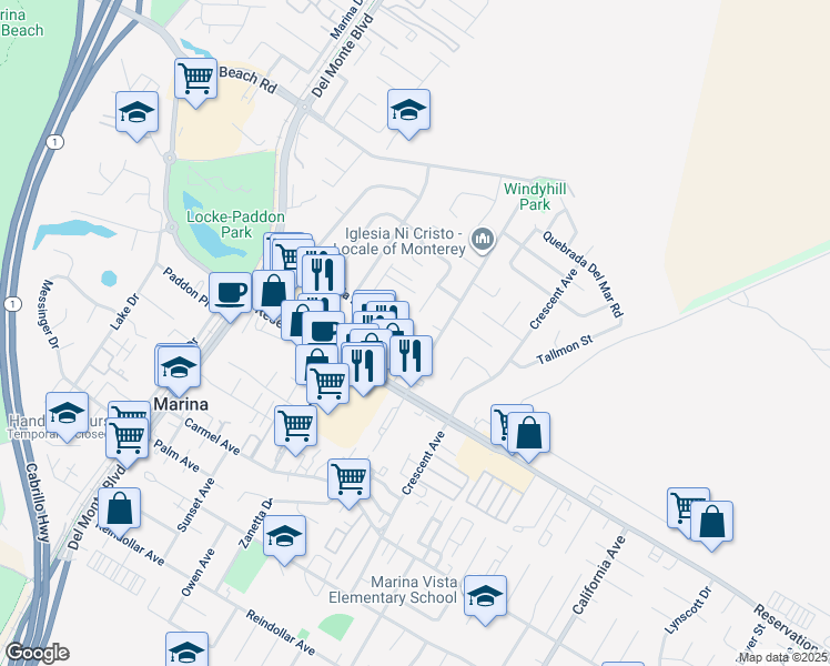 map of restaurants, bars, coffee shops, grocery stores, and more near 3255 Vista Del Camino Circle in Marina