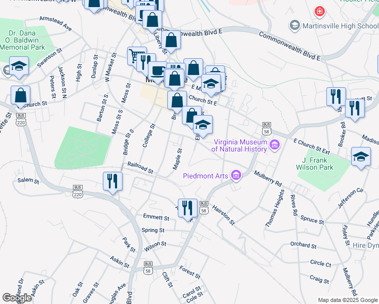 map of restaurants, bars, coffee shops, grocery stores, and more near 100-120 Ellsworth St in Martinsville