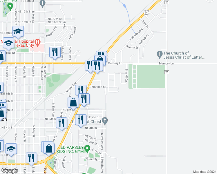 map of restaurants, bars, coffee shops, grocery stores, and more near 904 Knutson Street in Guymon