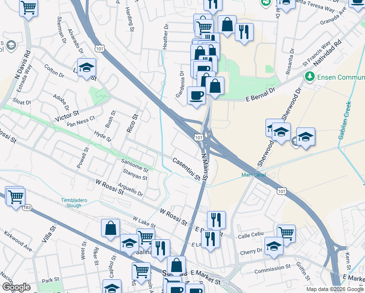 map of restaurants, bars, coffee shops, grocery stores, and more near 130 Casentini Street in Salinas