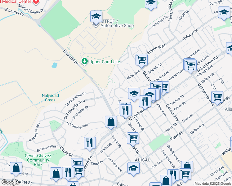 map of restaurants, bars, coffee shops, grocery stores, and more near 915 Acosta Plaza in Salinas