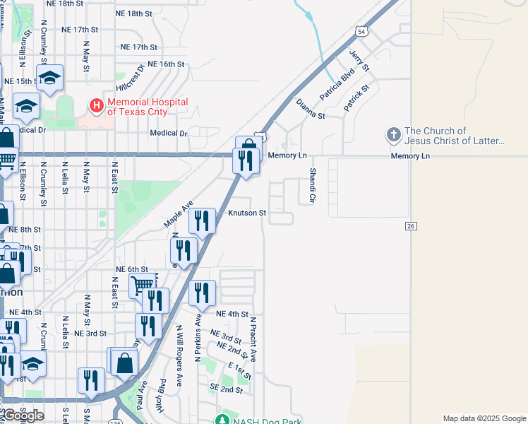 map of restaurants, bars, coffee shops, grocery stores, and more near 904 Knutson Street in Guymon