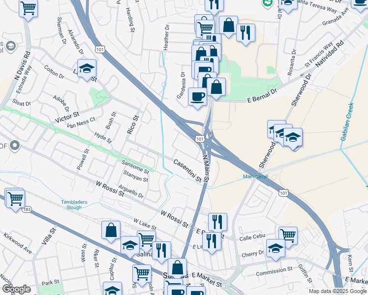 map of restaurants, bars, coffee shops, grocery stores, and more near 130 Casentini Street in Salinas