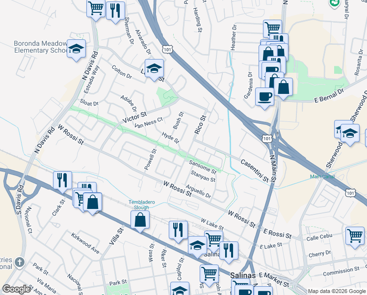 map of restaurants, bars, coffee shops, grocery stores, and more near 415 Rico Street in Salinas