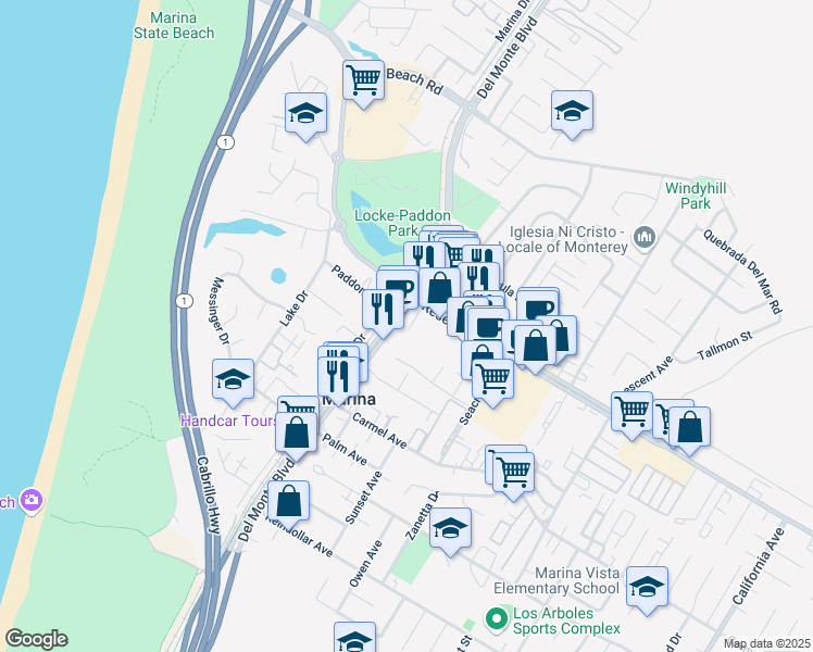 map of restaurants, bars, coffee shops, grocery stores, and more near 3156 Del Monte Boulevard in Marina
