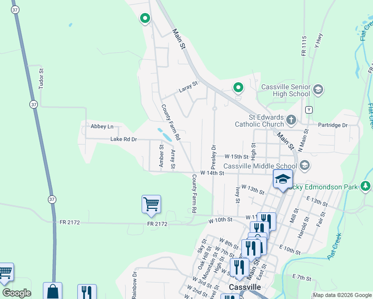 map of restaurants, bars, coffee shops, grocery stores, and more near 1491 County Farm Road in Cassville