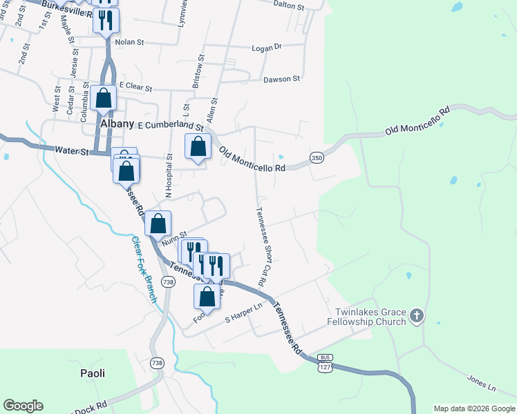 map of restaurants, bars, coffee shops, grocery stores, and more near 475 Tennessee Short Cut Road in Albany