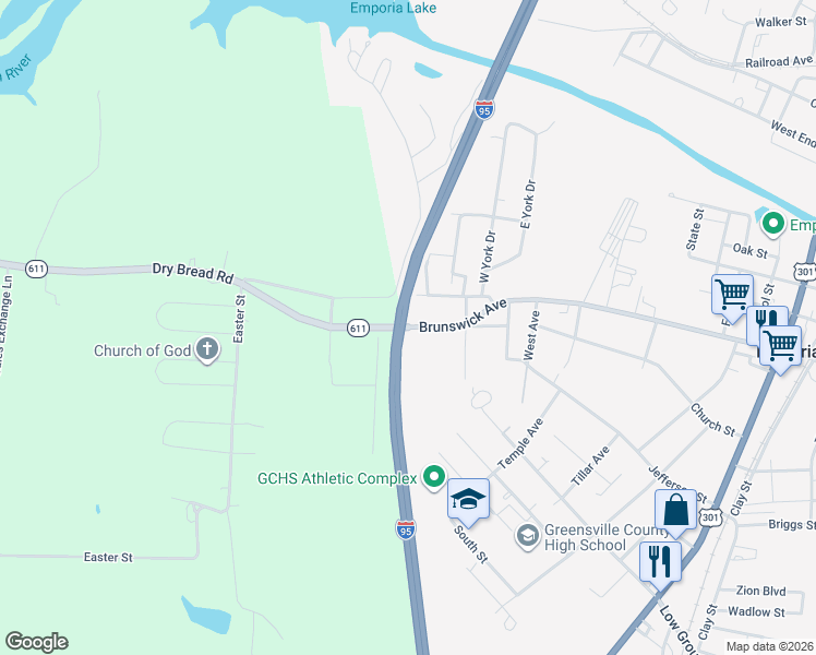 map of restaurants, bars, coffee shops, grocery stores, and more near Interstate 95 in Emporia
