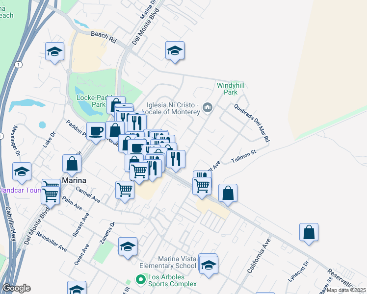 map of restaurants, bars, coffee shops, grocery stores, and more near 3181 De Forest Road in Marina