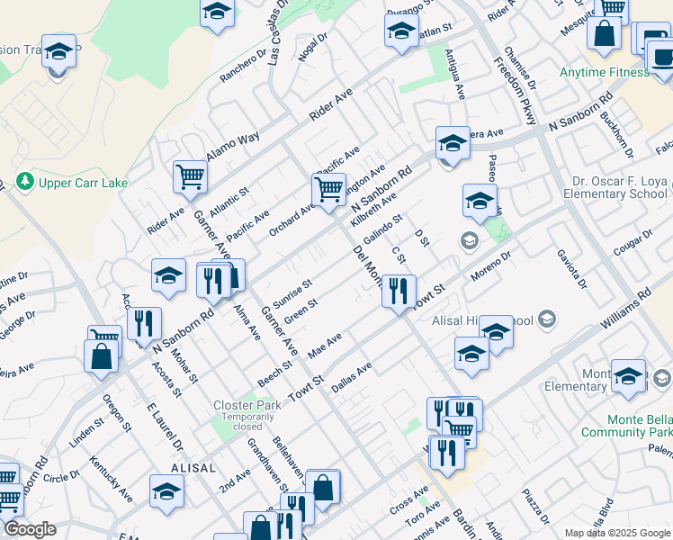 map of restaurants, bars, coffee shops, grocery stores, and more near 574 Sunrise Street in Salinas