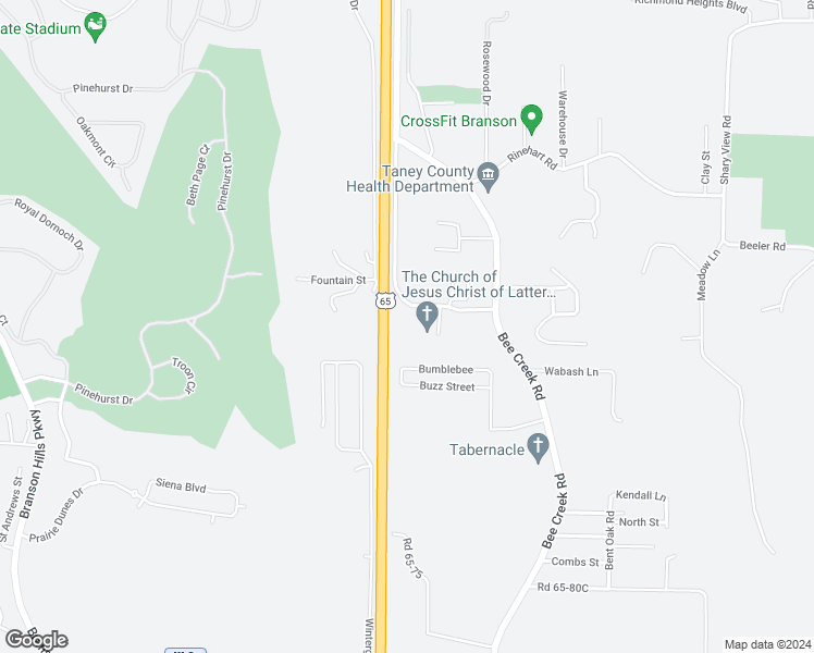 map of restaurants, bars, coffee shops, grocery stores, and more near 150 Church Road in Branson