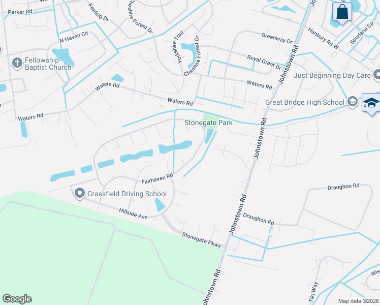 map of restaurants, bars, coffee shops, grocery stores, and more near 1001 Dorset Court in Chesapeake