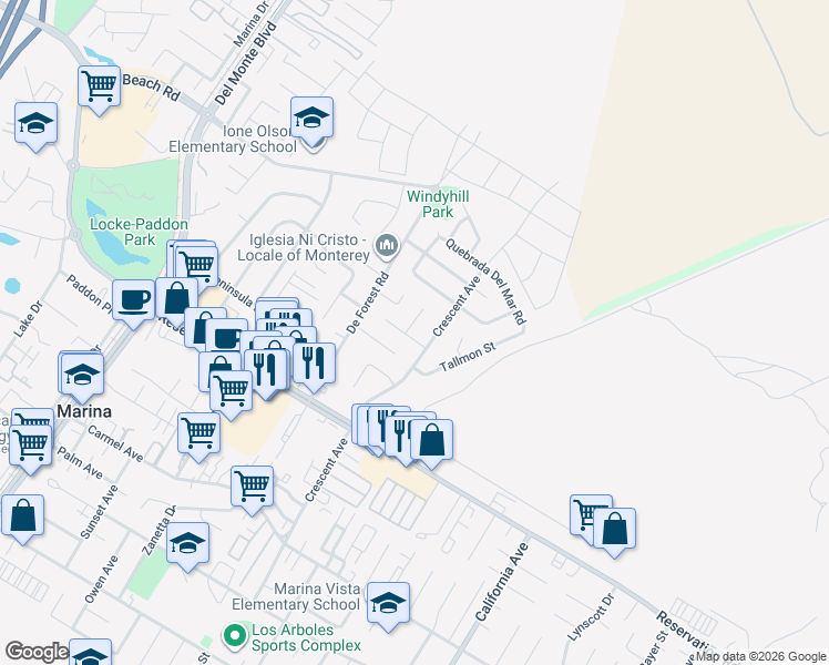 map of restaurants, bars, coffee shops, grocery stores, and more near 3192 White Circle in Marina