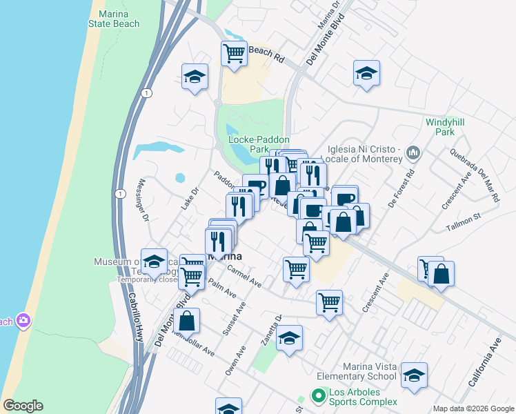 map of restaurants, bars, coffee shops, grocery stores, and more near 3156 Del Monte Boulevard in Marina
