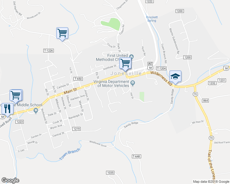 map of restaurants, bars, coffee shops, grocery stores, and more near 100 Jonesville Manor Road in Jonesville