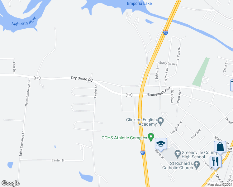 map of restaurants, bars, coffee shops, grocery stores, and more near Dry Bread Road in Emporia